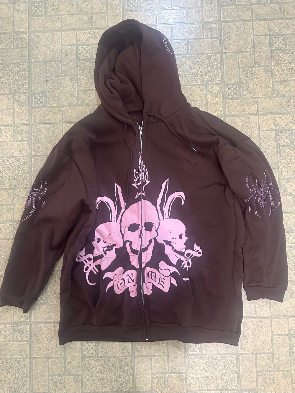 Brown Zip-Up Hoodie with Pink Skull Graphic